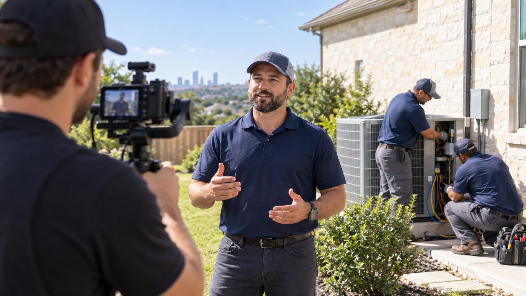 A videographer films the owner in front of a house while two technicians work on the outdoor unit behind him